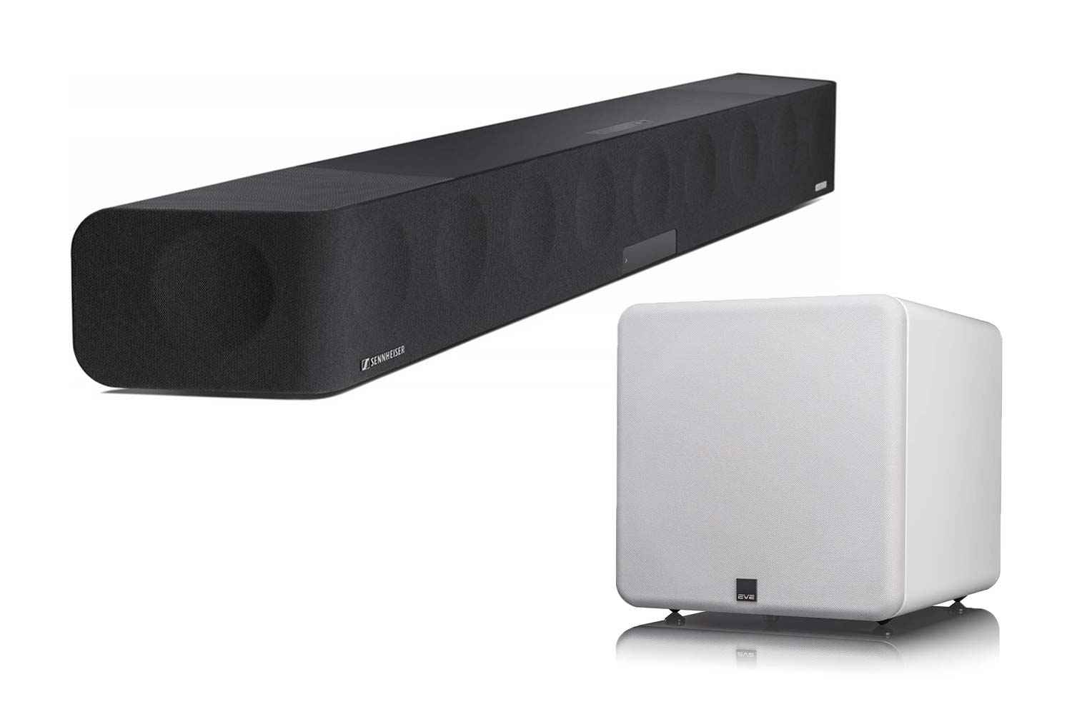 Sennheiser Ambeo Soundbar Max und SVS SB-2000 Pro Subwoofer - Hochglanz weiss