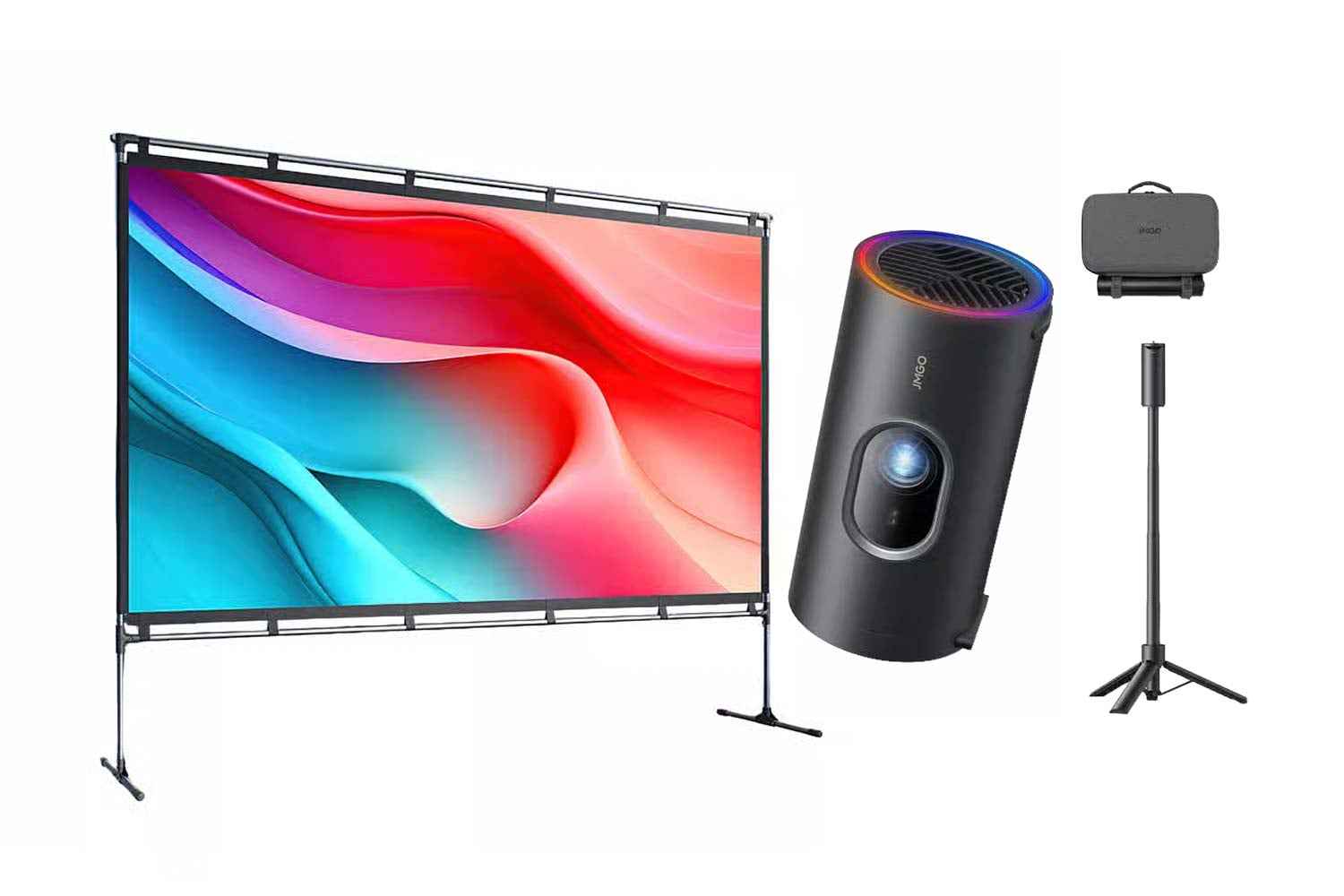 Set: JMGO PicoPlay+ LED Beamer mit Powerbank-Ständer & 100 Zoll tragbare Projektionsleinwand