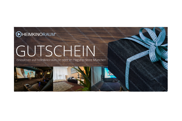 Heimkinoraum Gutschein mit Geschenk und Bildern.