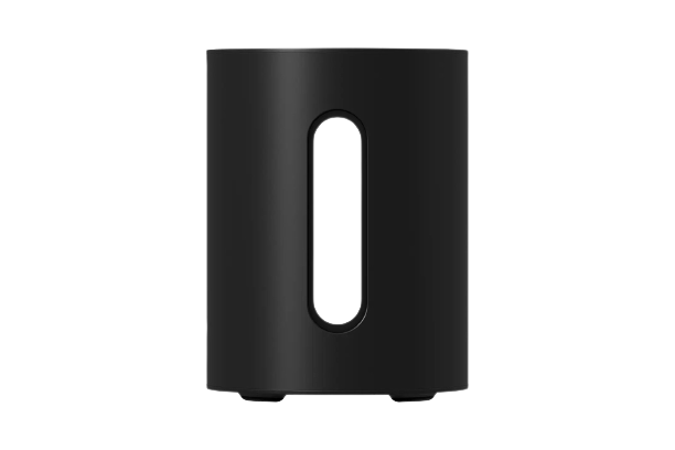 Schwarzer zylindrischer Lautsprecher mit ovalem Ausschnitt.