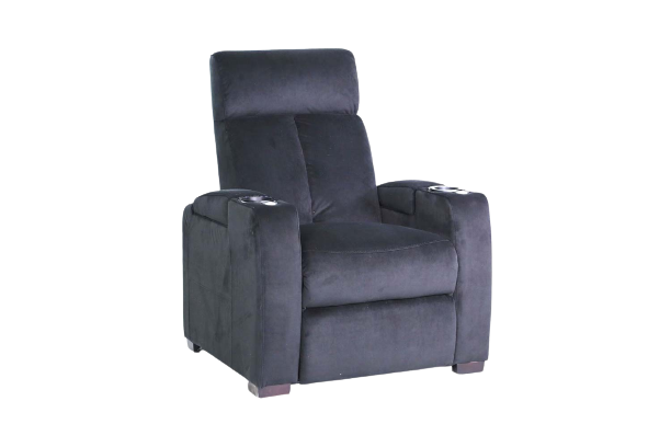 Schwarzer Sessel mit Getränkehaltern auf Armlehnen.