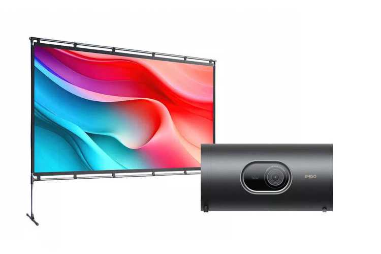 Set: JMGO PicoPlay+ LED Beamer mit 100 Zoll tragbare Projektionsleinwand