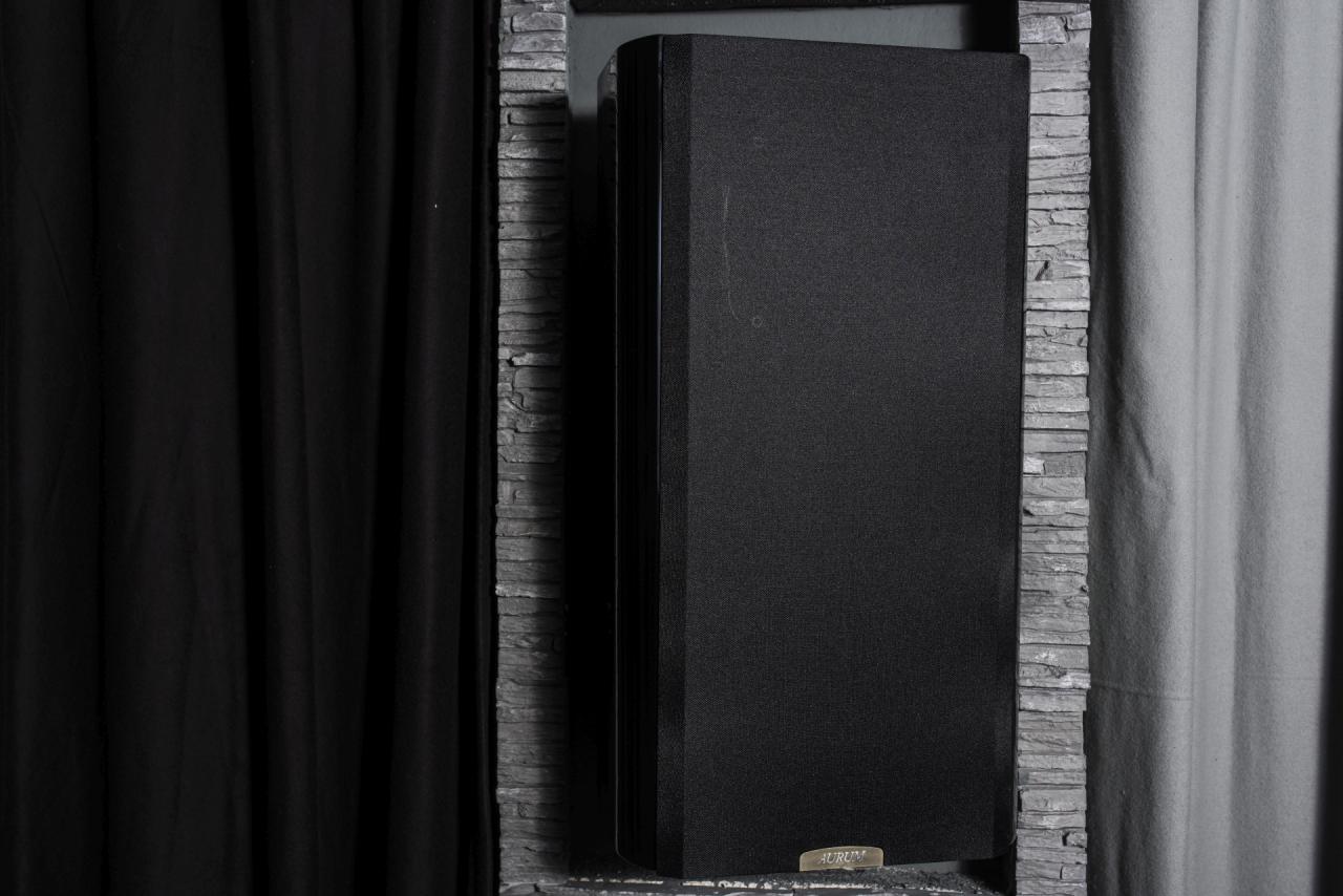 Die Surround Lautsprecher haben ihren Platz gefunden Schwarzer Lautsprecher vor grauer Steinwand.