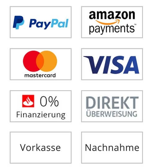 So können Sie bei uns zahlen: PayPal, Amazon Payments, Mastercard, Visa, 0% Finanzierung, Direktüberweisung, Vorkasse und Nachnahme