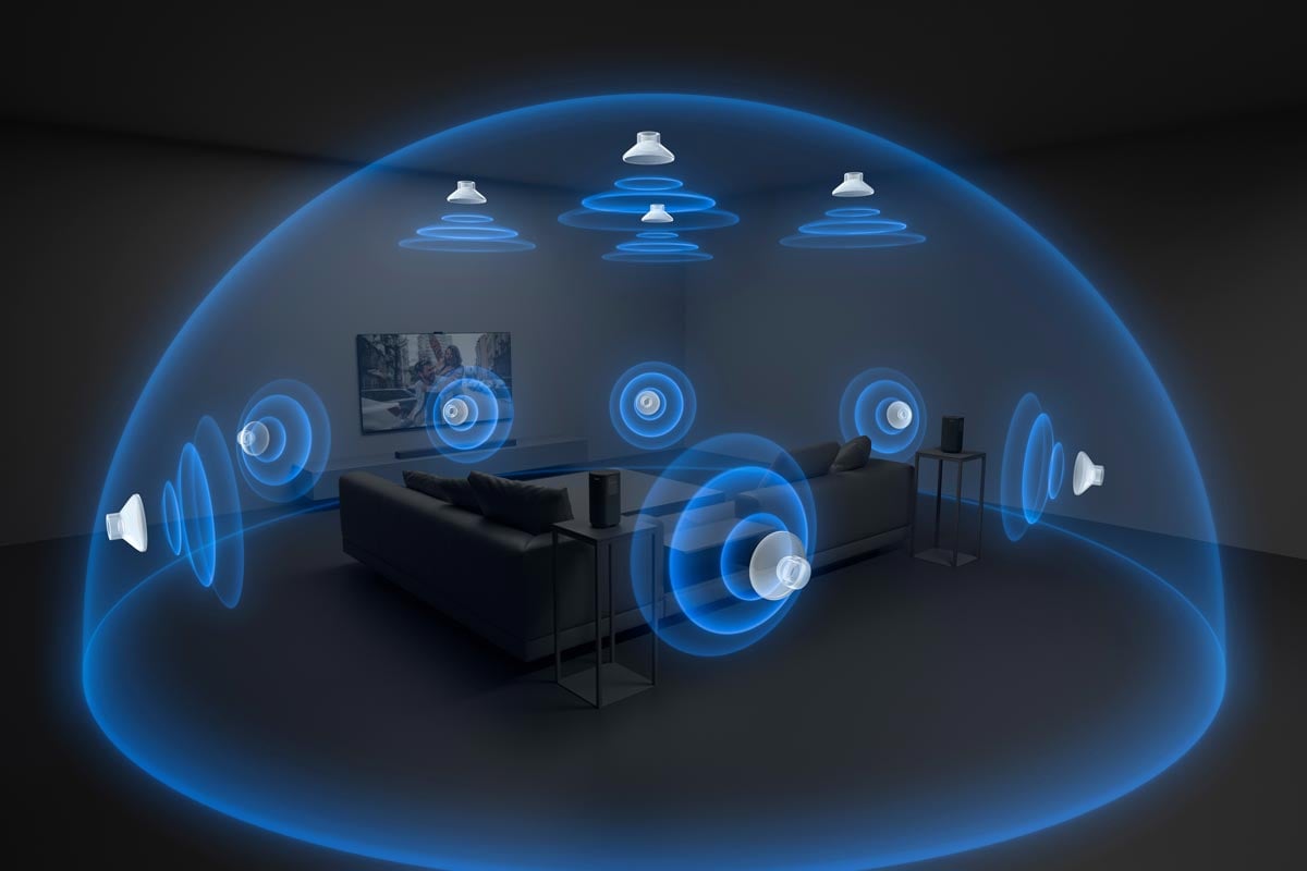 Surround-Sound-System in einem Wohnzimmer.