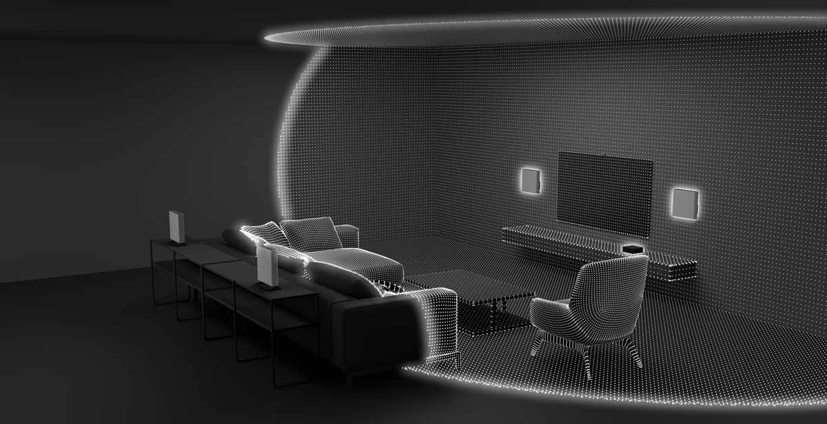 Heimkino-Setup mit Surround-Sound und Beamer.