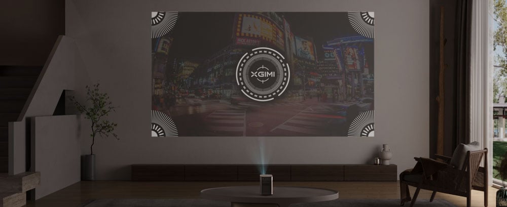 Beamer projiziert Bild in modernem Wohnzimmer.