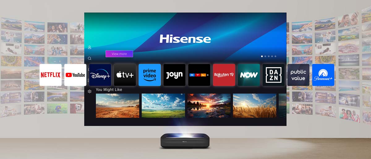 Beamer projiziert Streaming-Dienste auf Leinwand.