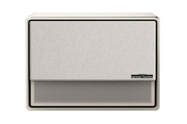 Retro-Lautsprecher mit harman/kardon-Logo, weiß.