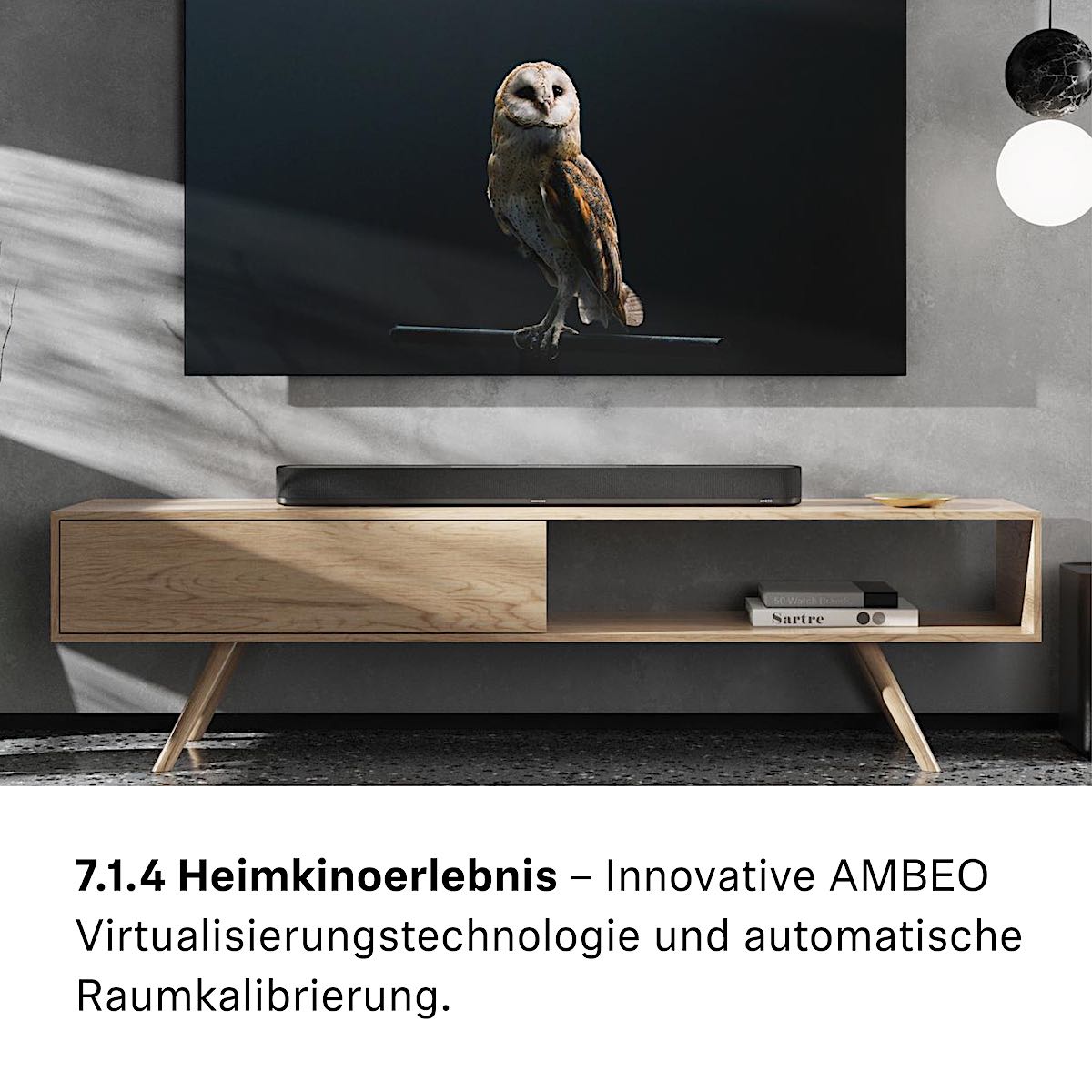 AMBEO Virtualisierungstechnologie: Die hochmoderne Technologie, die gemeinsam mit dem Fraunhofer IIS-Institut entwickelt wurde, bildet ein komplettes 7.1.4 Heimkinosystem nach.