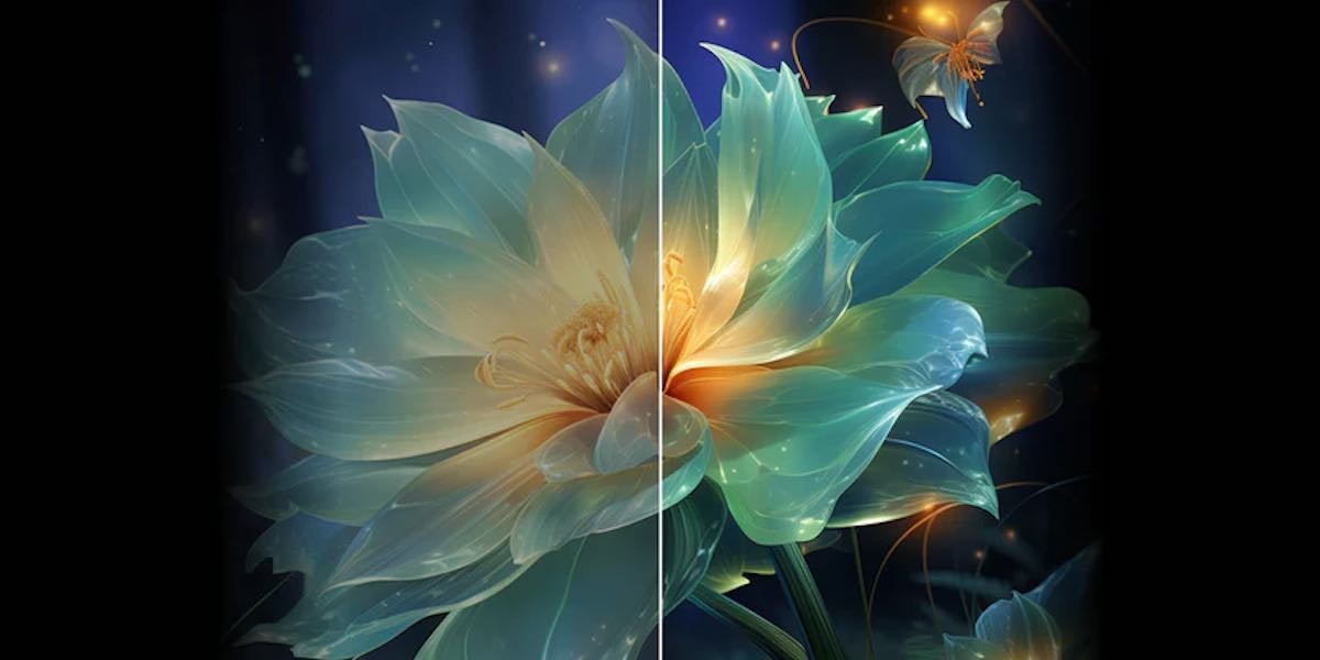 Blumenillustration mit leuchtenden Farben und Schmetterling.