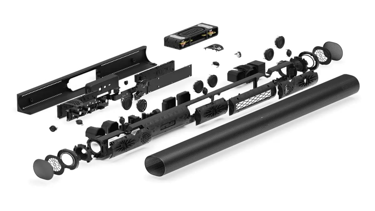 Explodierte Ansicht eines Soundbars in Einzelteilen.