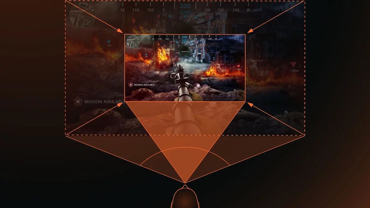 Videospiel-Sichtfeld mit Beamer-Darstellung.