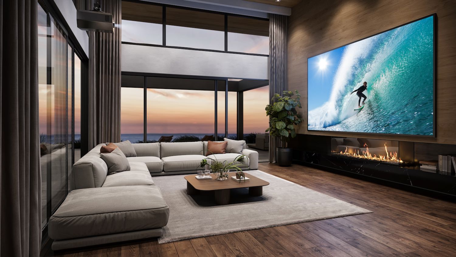 Modernes Wohnzimmer mit Beamer und Kamin.