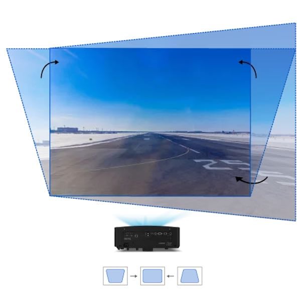 Beamer mit Bildkorrektur auf Leinwand.