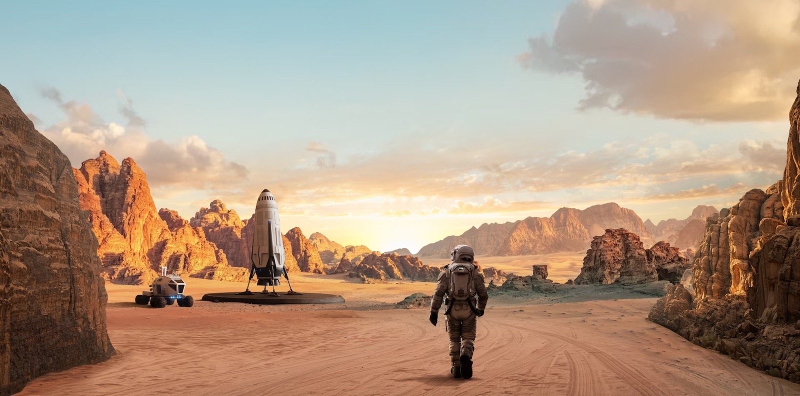 Astronaut auf Marslandschaft mit Raumschiff.