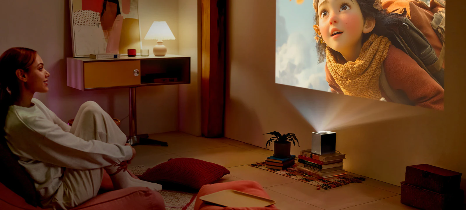 Frau schaut Film mit Beamer im Wohnzimmer.