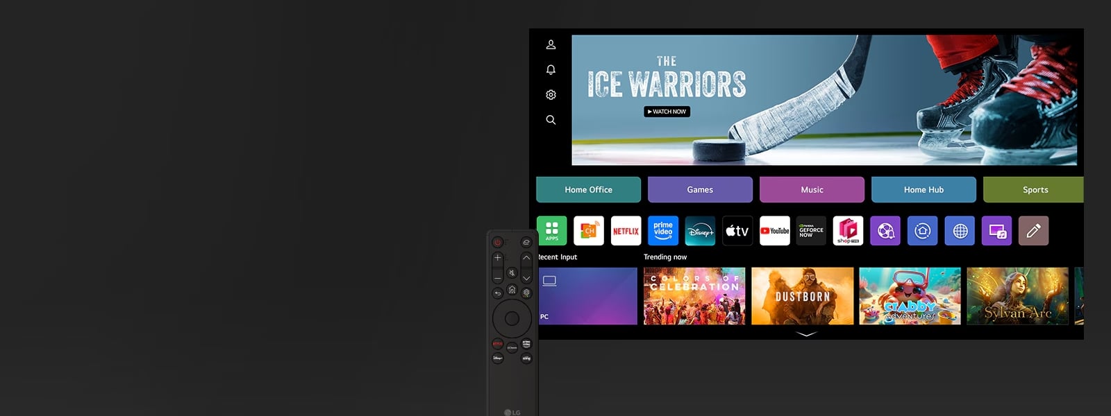 Fernseher-Benutzeroberfläche mit Fernbedienung und Apps.
