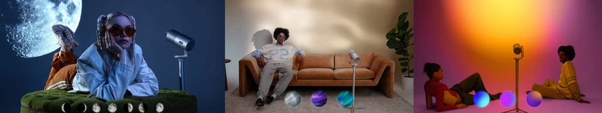 Menschen mit Beamern und farbigen Lichtern.