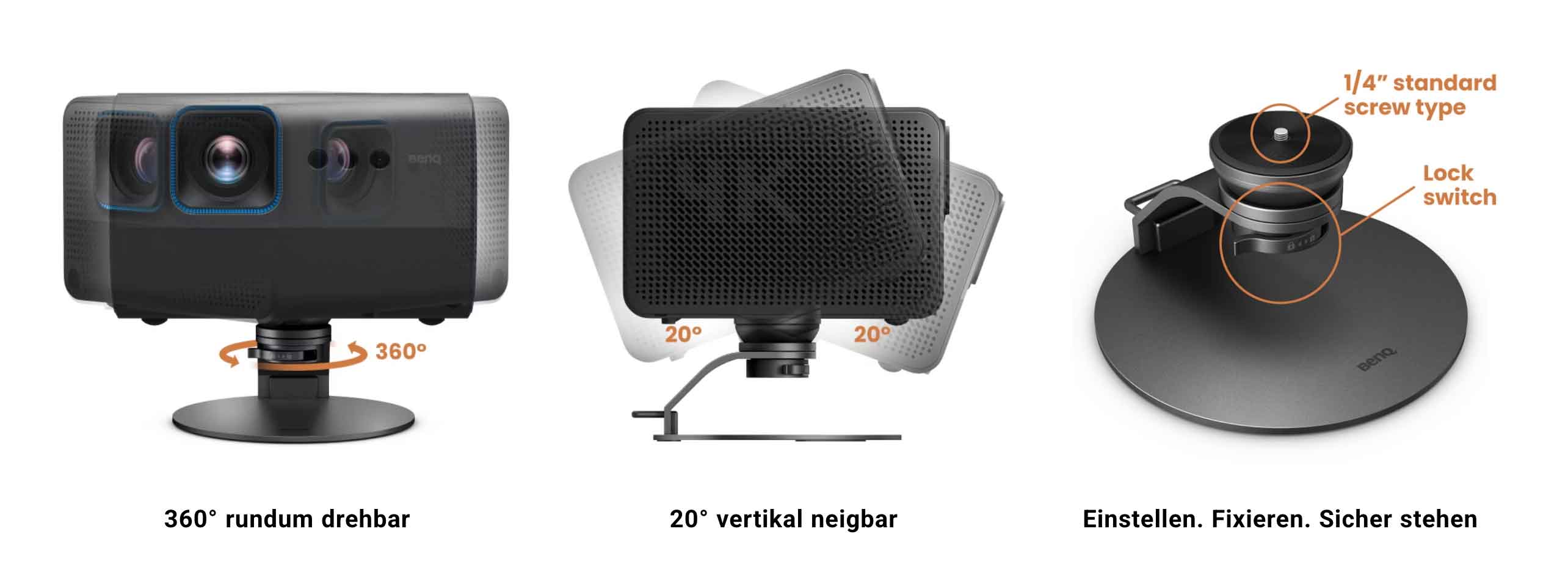 Beamer mit drehbarer und neigbarer Halterung.