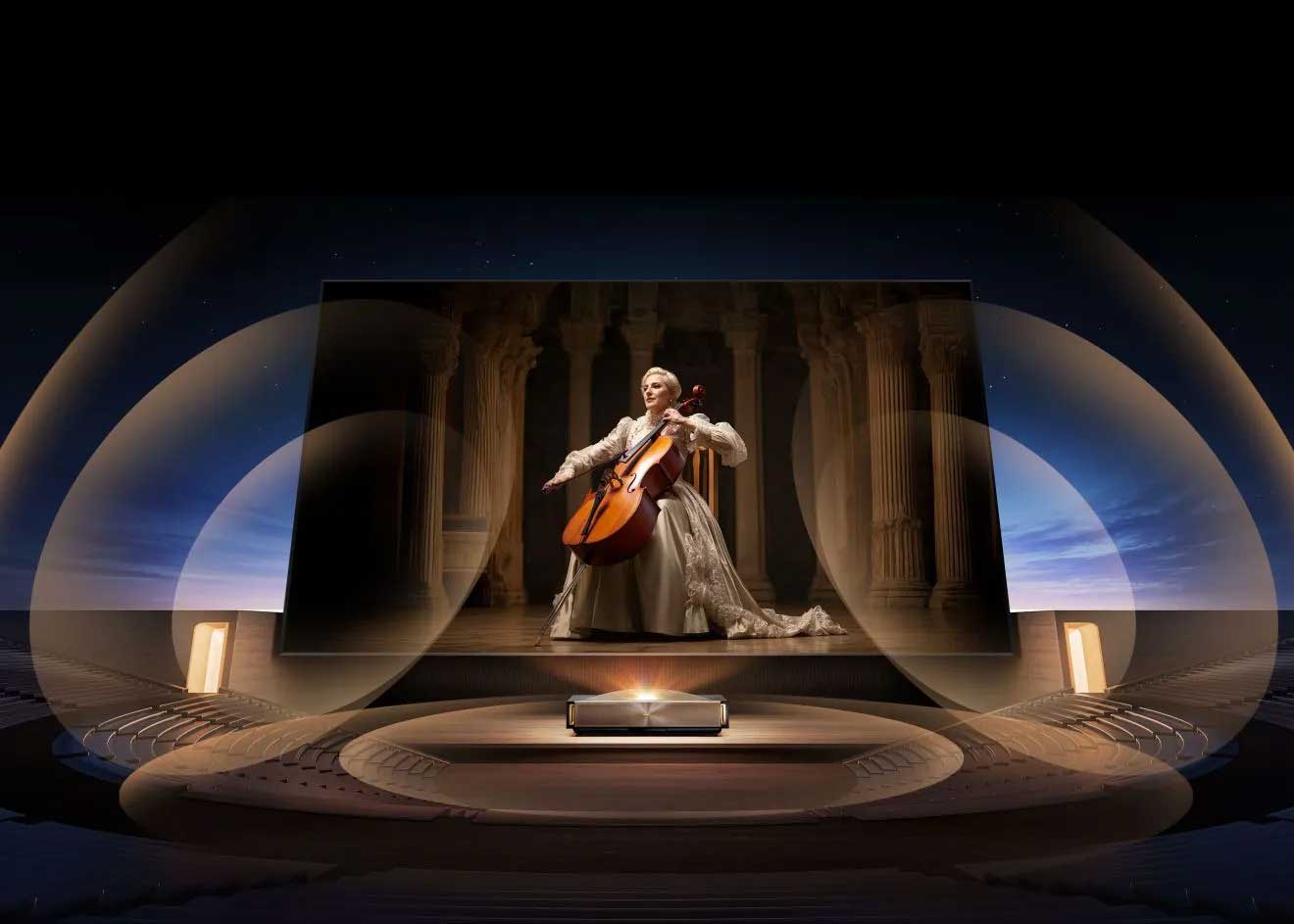 Frau spielt Cello auf großem Bildschirm.