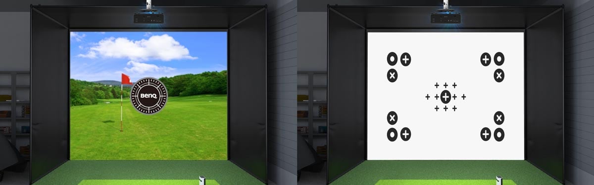 Golf-Simulator mit Beamer und Zielscheibe.