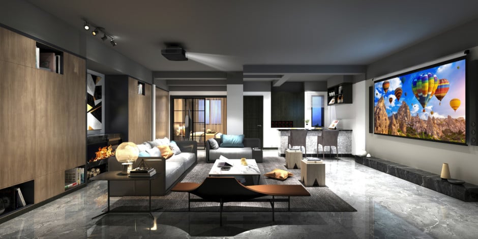 Modernes Wohnzimmer mit Beamer und Kamin.