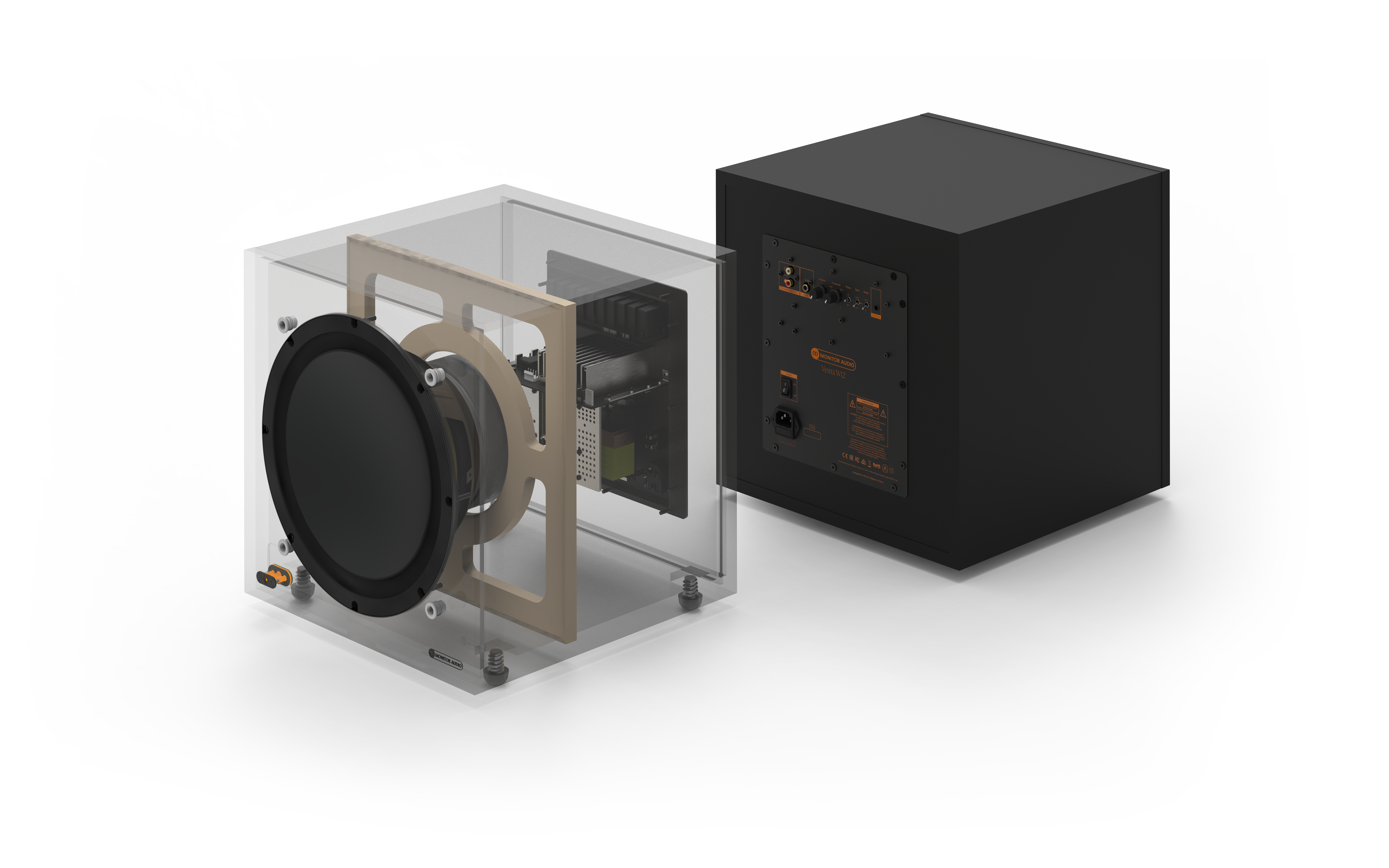 Transparenter Lautsprecher mit interner Elektronik und Gehäuse.