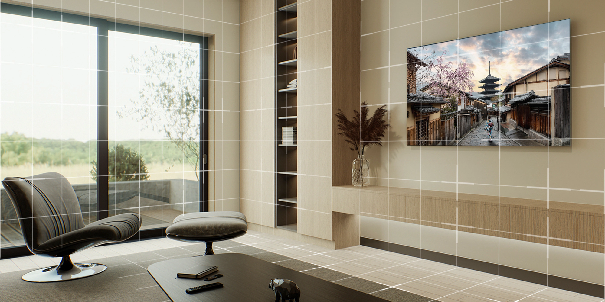 Modernes Wohnzimmer mit Beamer und Sessel.