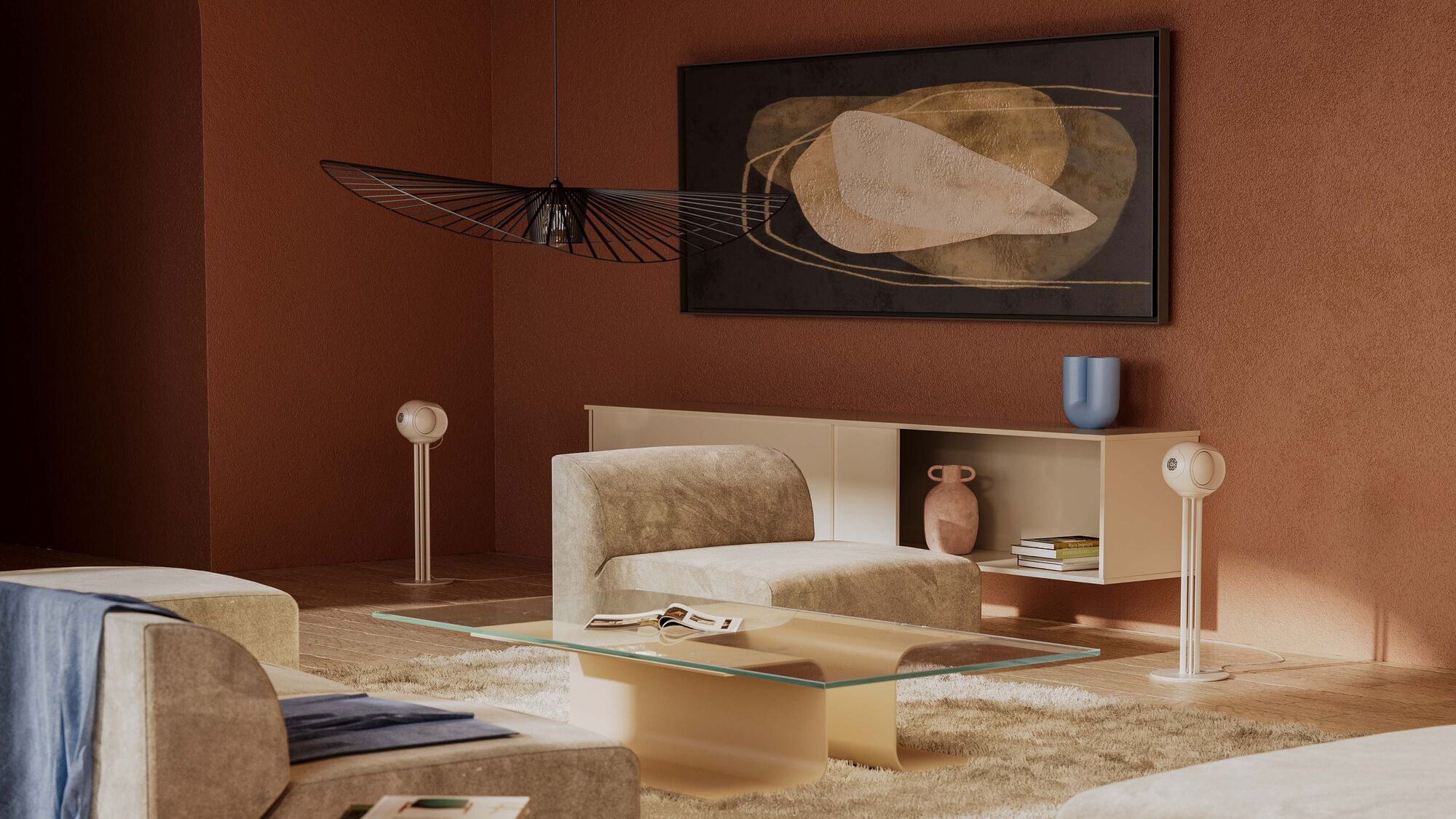 Modernes Wohnzimmer mit stilvollem Dekor und Beamer.