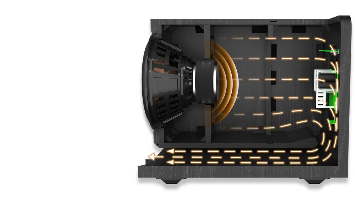 Querschnitt eines Lautsprechers mit Schallwellen.