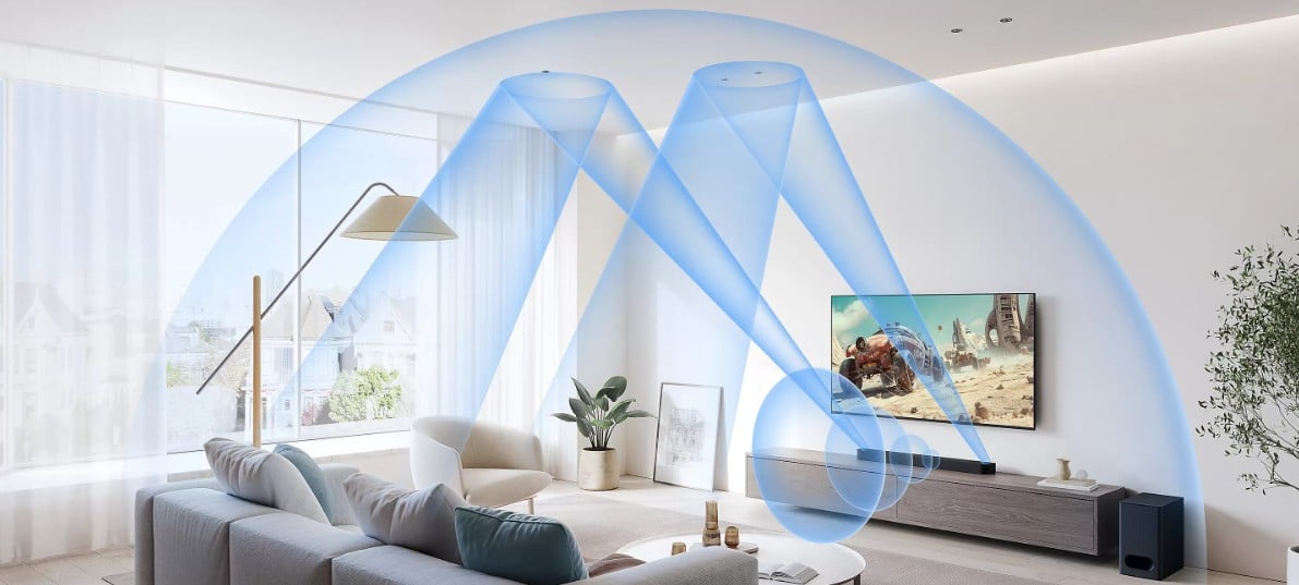 Beamer projiziert Bild in modernem Wohnzimmer.