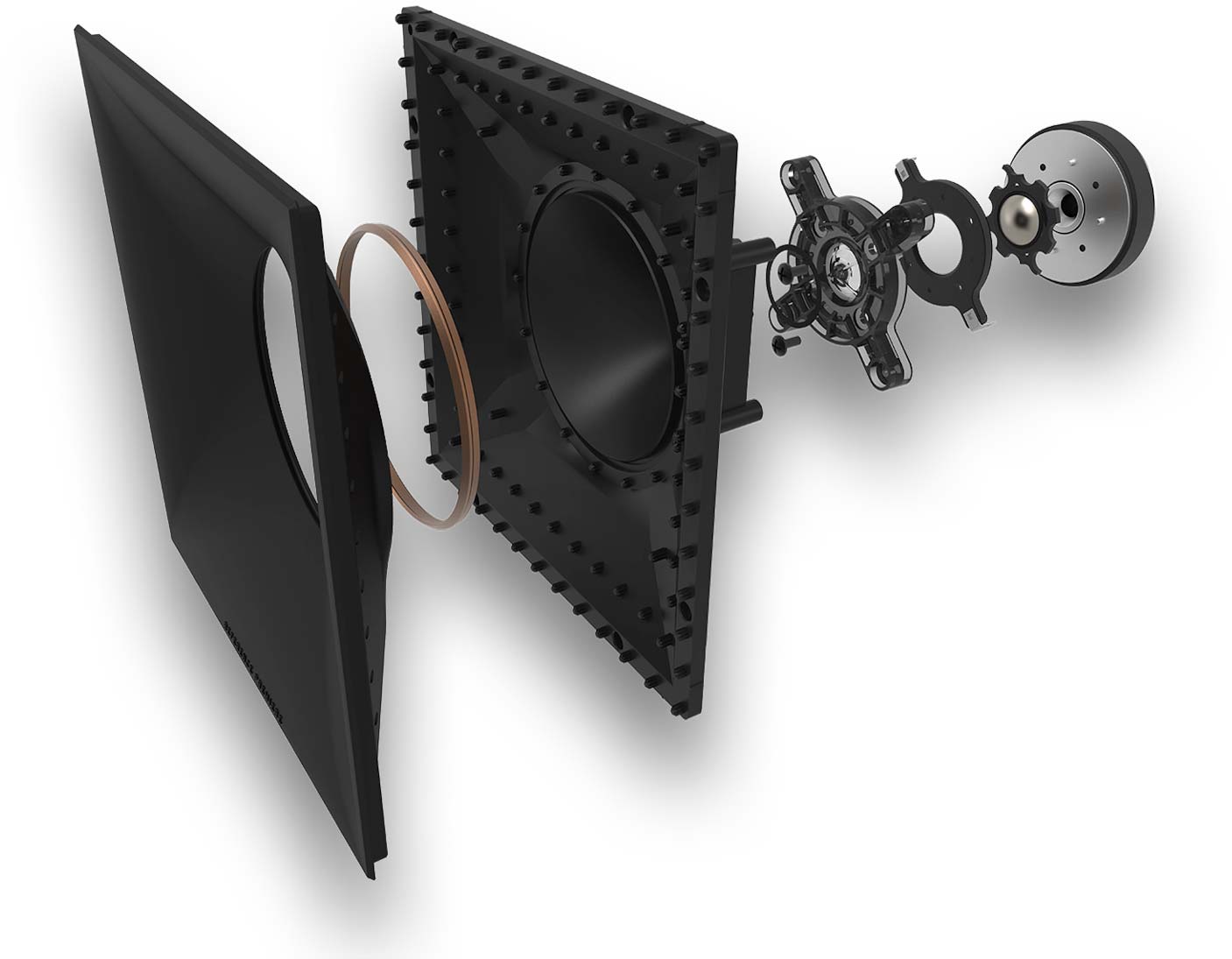 Explosionsdarstellung eines Beamers in Einzelteilen.