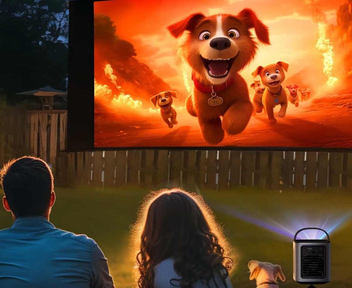 Paar schaut Film im Garten mit Beamer.