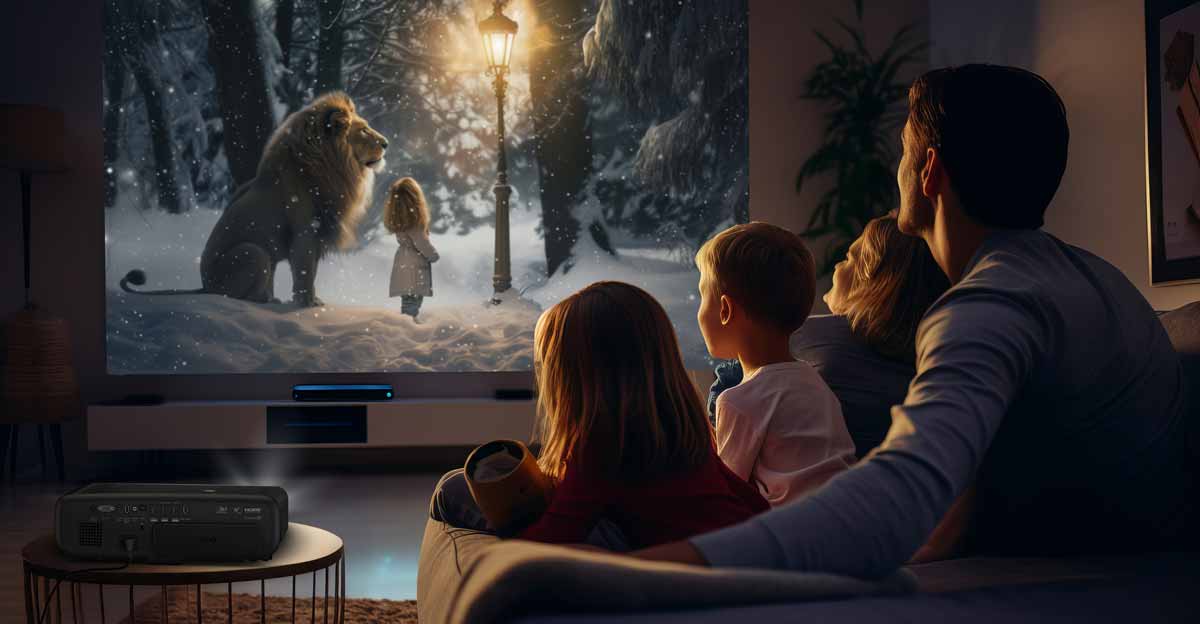 Familie schaut Film mit Beamer im Wohnzimmer.