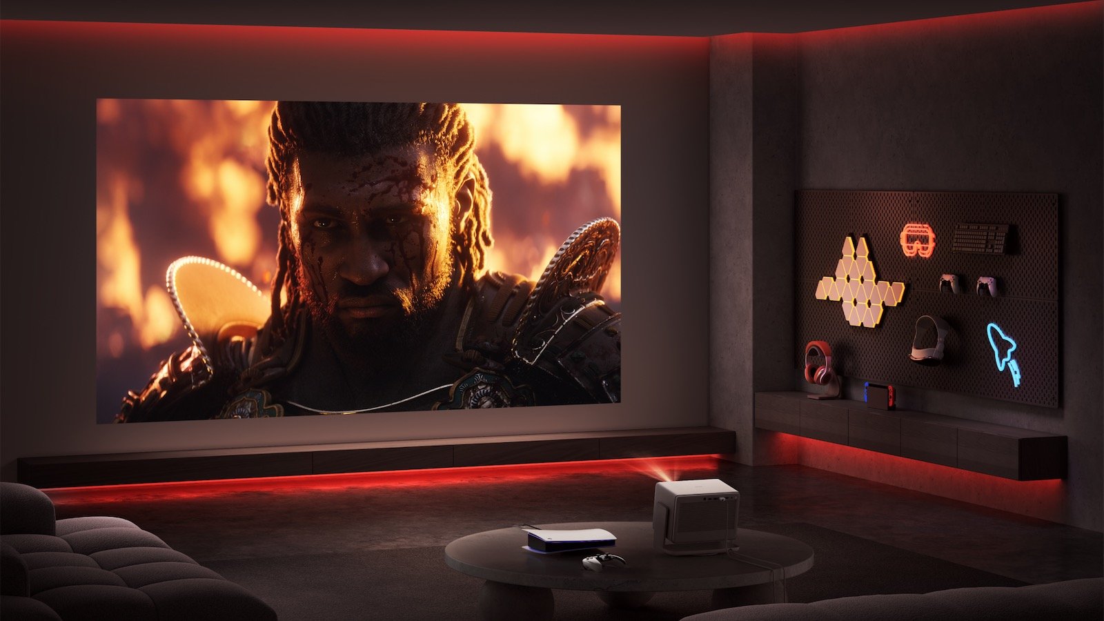 Gaming-Raum mit Beamer und Zubehör.