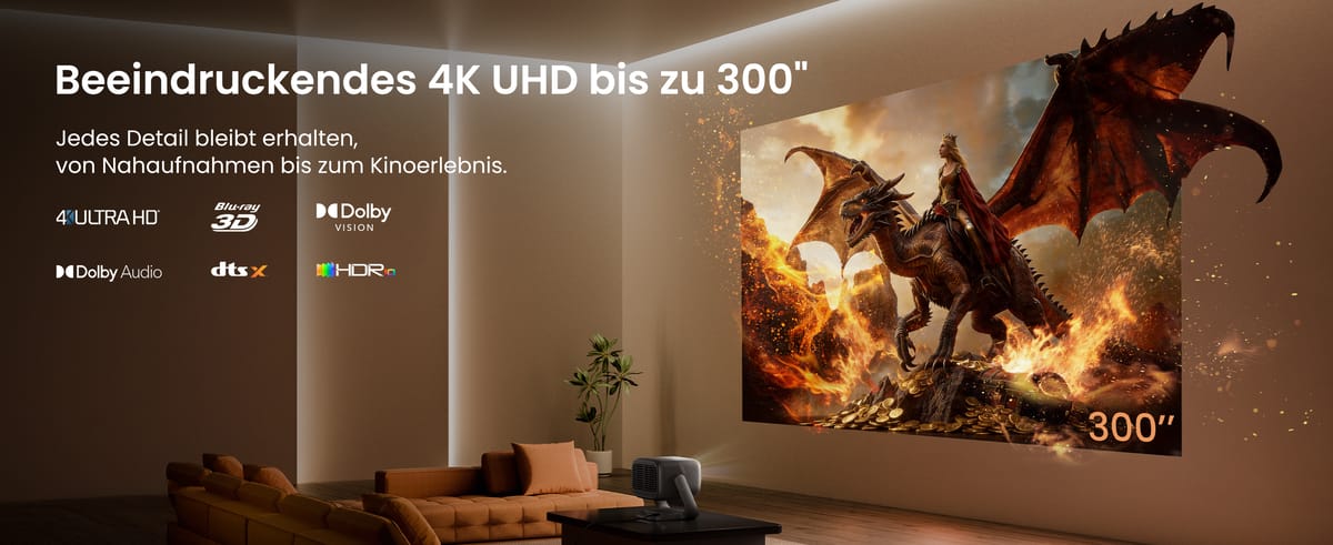 Beamer projiziert Drachenbild in 4K UHD.