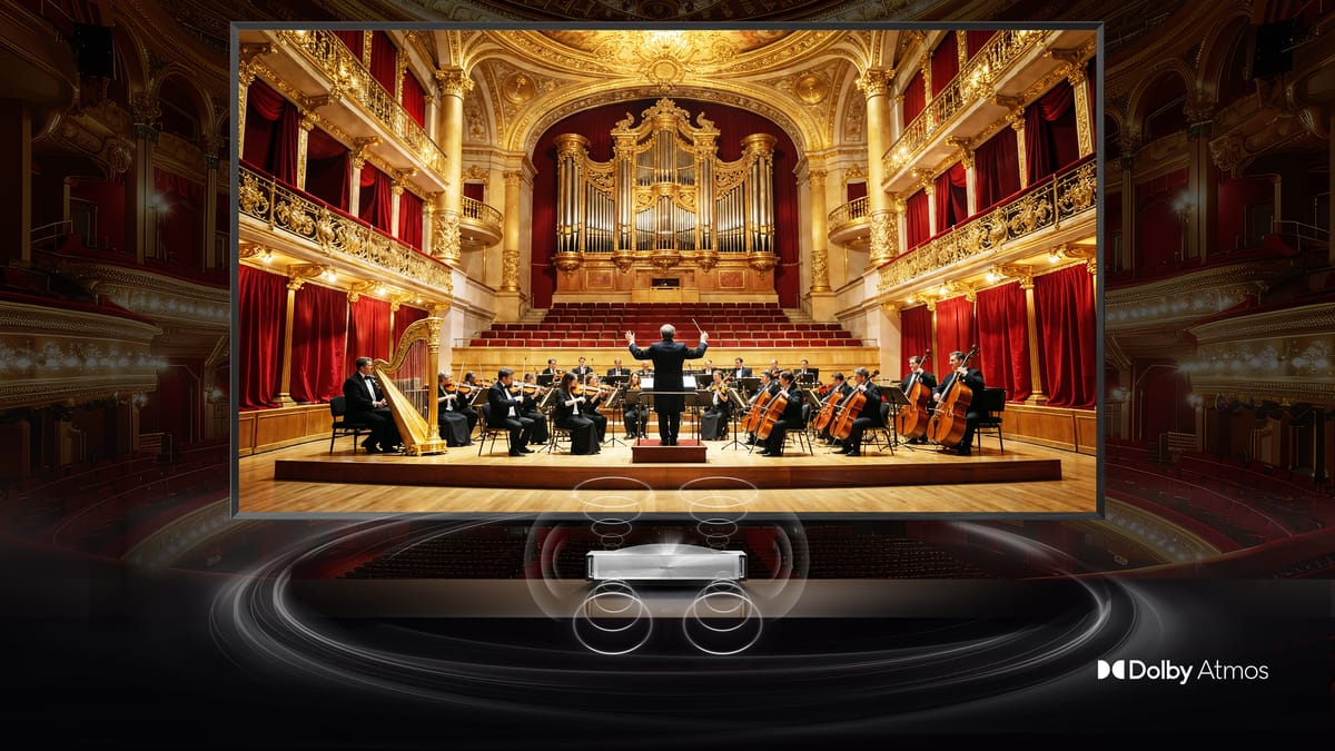 Orchester in einem opulenten Konzertsaal, Beamer.