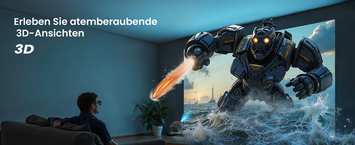 Mann erlebt 3D-Roboter mit Beamer-Technologie.