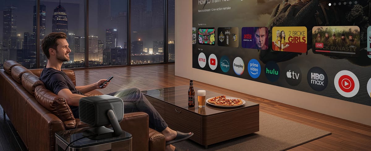 Mann schaut mit Beamer Filme im Wohnzimmer.