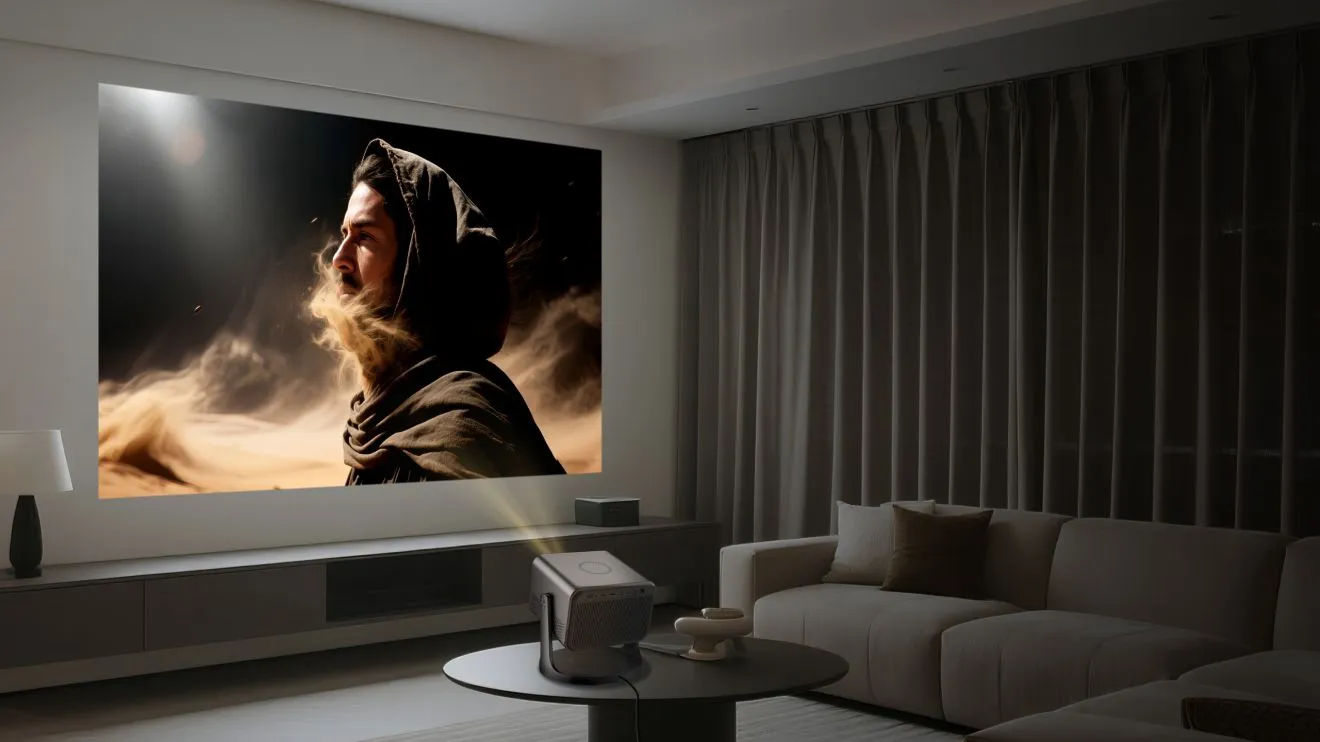 Beamer projiziert Bild in modernem Wohnzimmer.