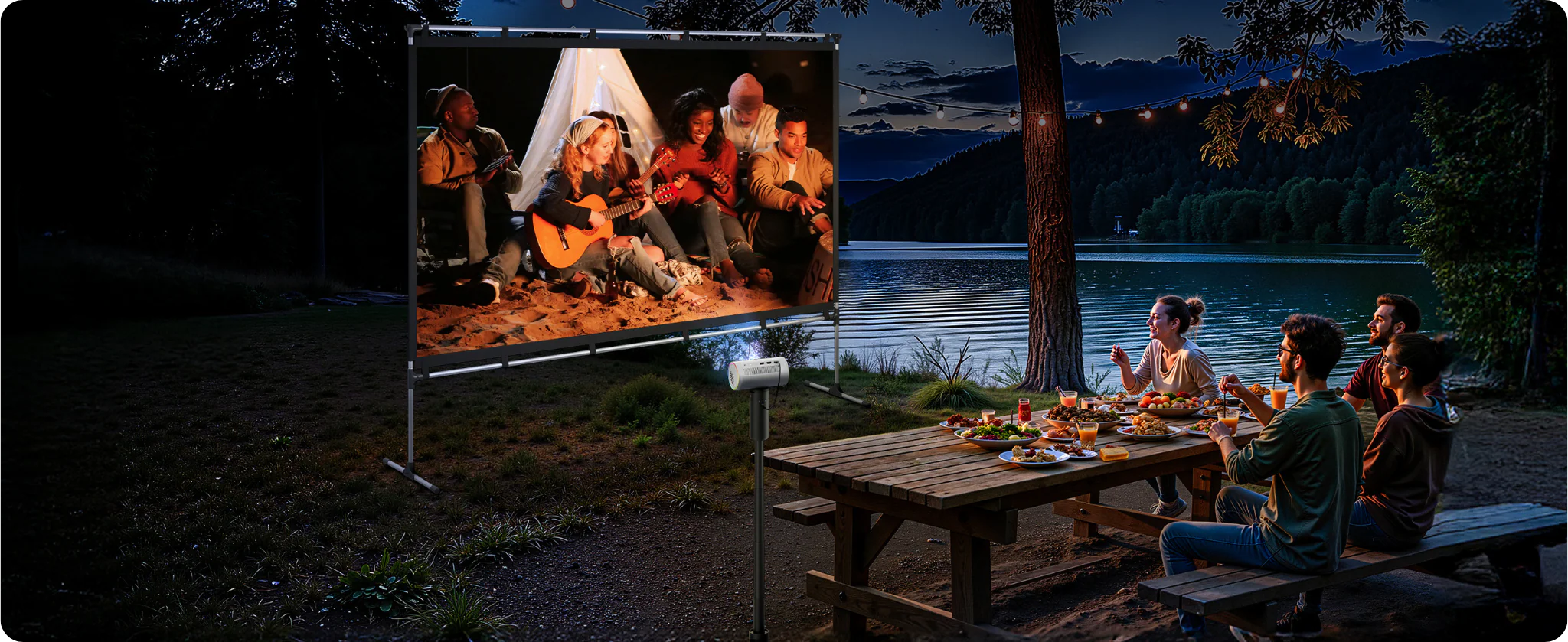 Outdoor-Kinoabend am See mit Beamer.