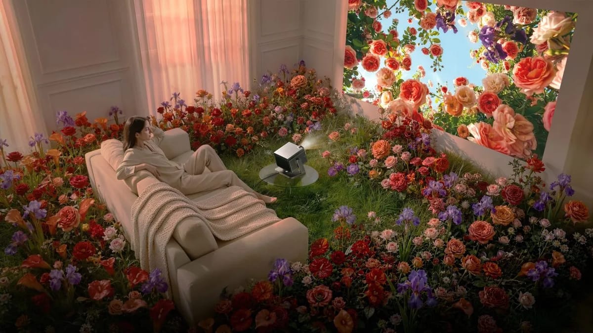 Frau auf Sofa, umgeben von Blumen.