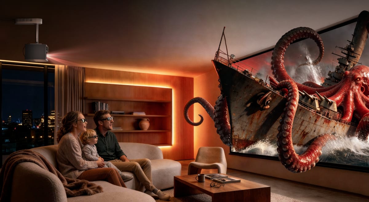 Familie schaut 3D-Film mit Beamer zuhause.