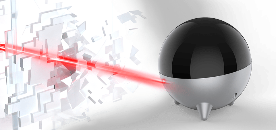 Kugel mit Laserstrahl durchbricht digitale Wand.