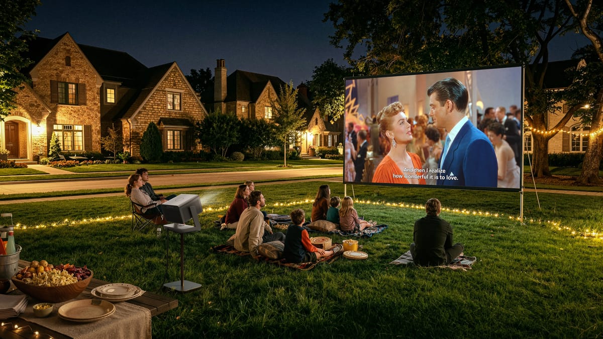 Outdoor-Kinoabend mit Beamer und Leinwand.