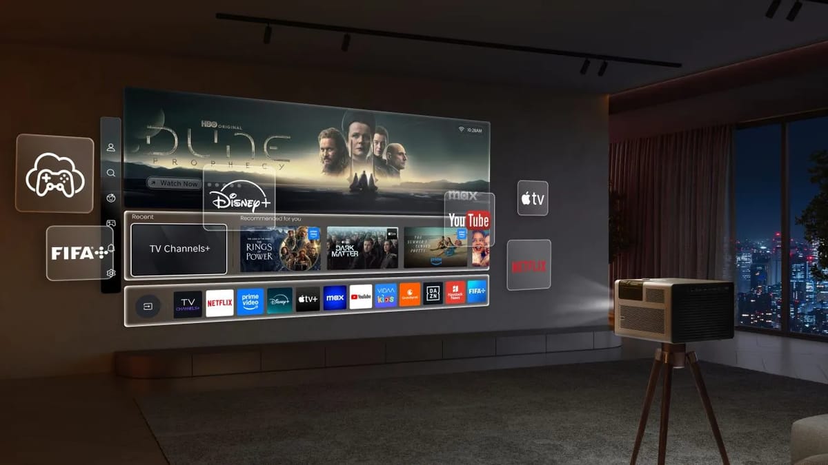 Beamer projiziert Streaming-Dienste auf Wand.