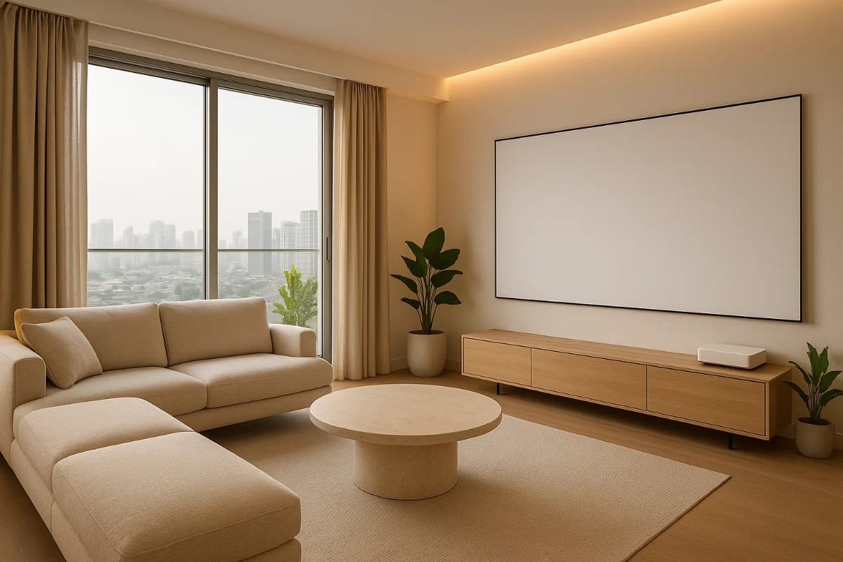 Elite Screens Aeon CineWhite im Wohnzimmer mit Ultrakurzdistanz-Projektor auf dem Sideboard