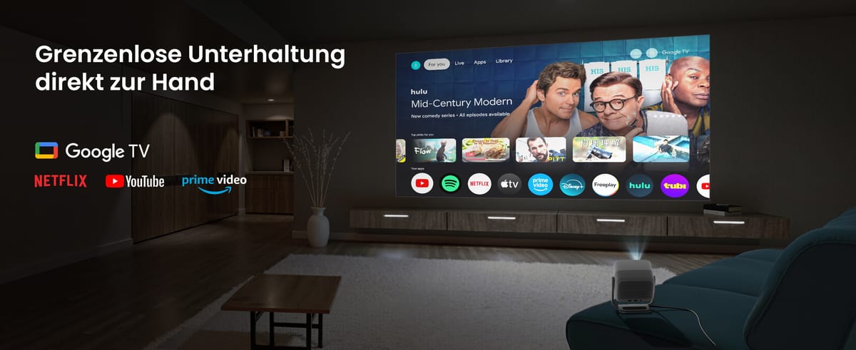 Wohnzimmer mit Beamer und Streaming-Diensten.