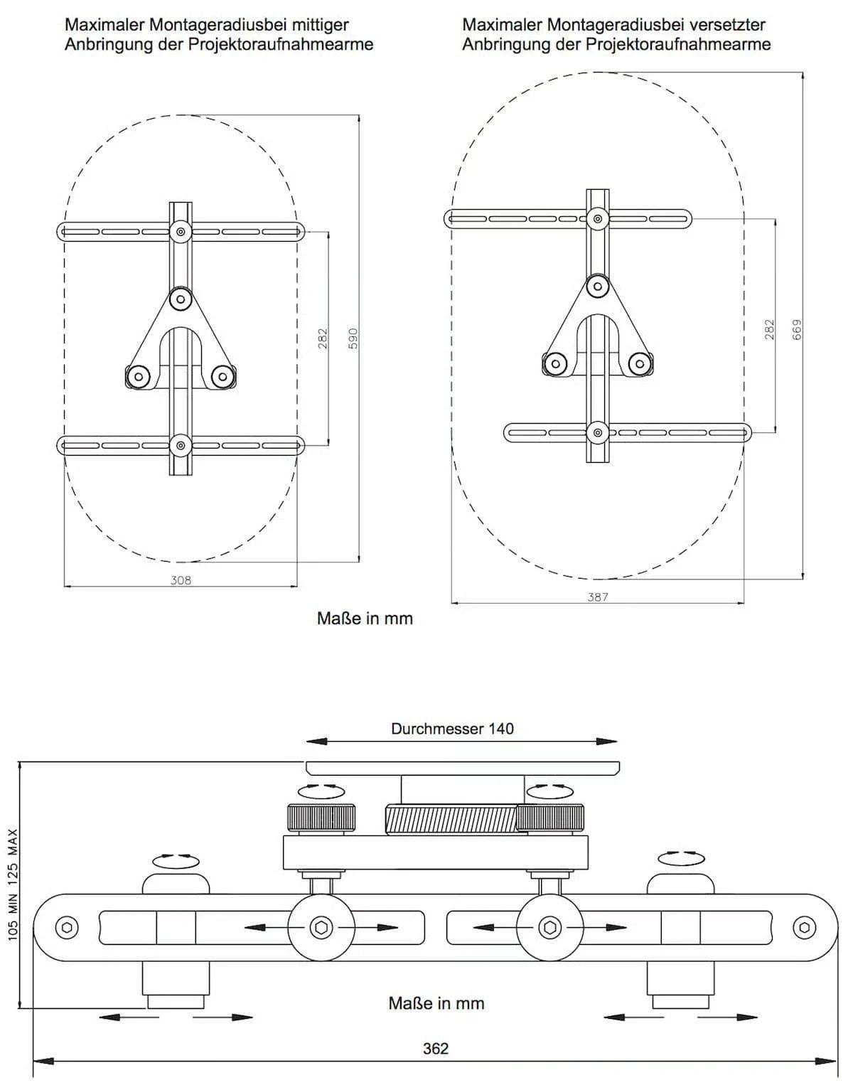 Maßzeichnung des WS-Alu Design Deckenhalter mit Montageradius und Maßen in mm
